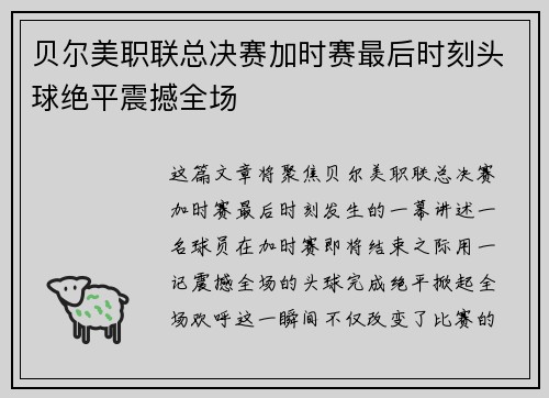 贝尔美职联总决赛加时赛最后时刻头球绝平震撼全场 贝尔美职联总决赛加时赛最后时刻头球绝平震撼全场